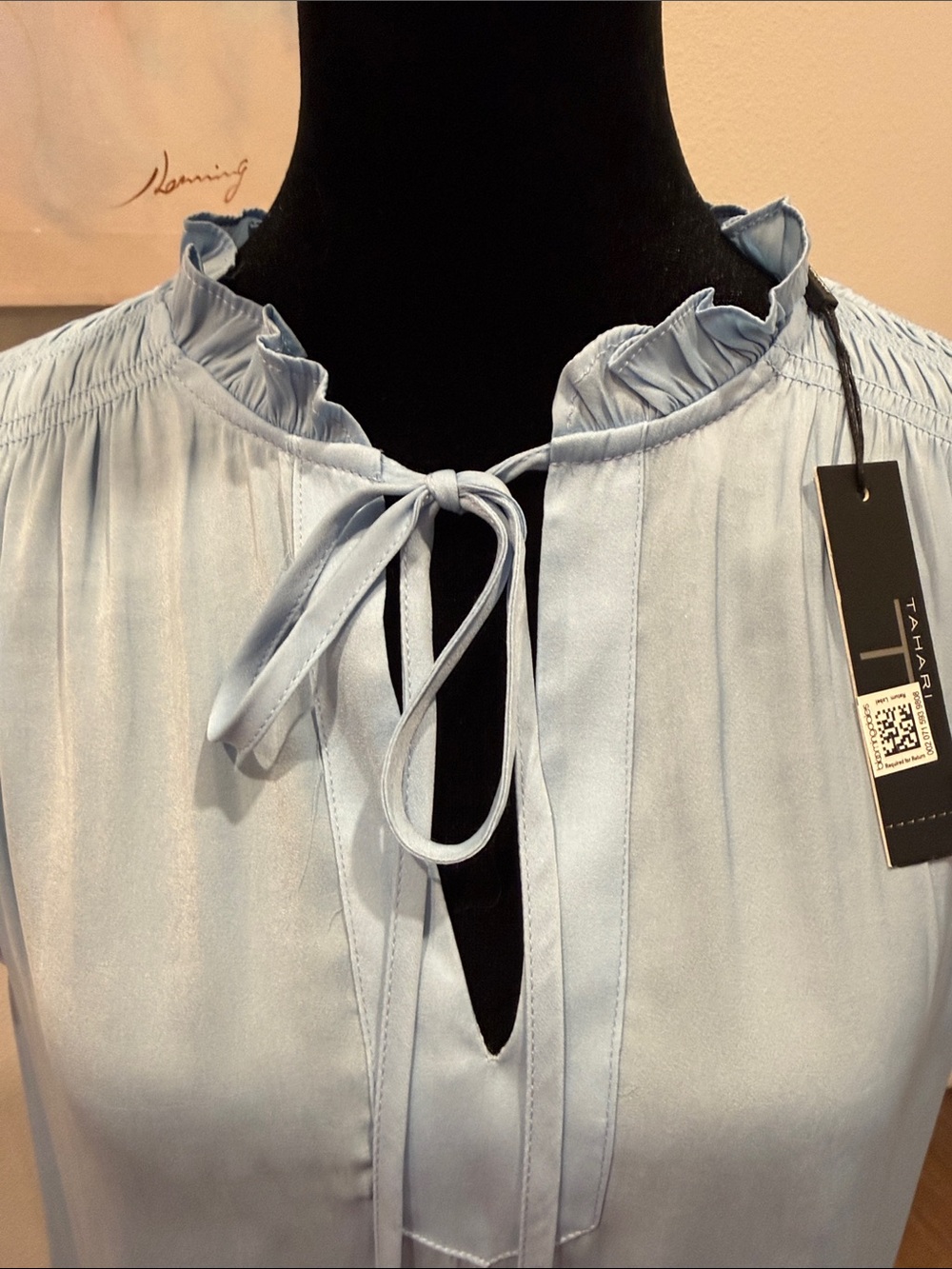 T Tahari Light Blue Tie-Neck Ruffle Sleeve Blouse - Picture 2 of 14